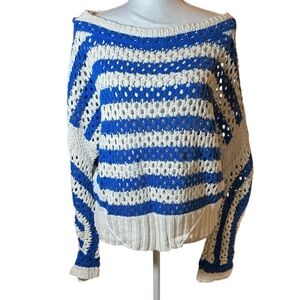 Fate Blue and White Striped Crochet Knit Boatneck Sweater
